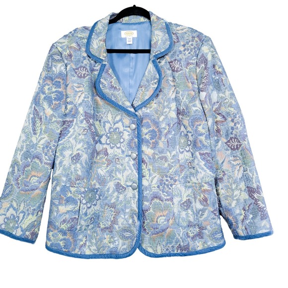 Talbots Woman 22W Blue Floral Tapestry Blazer Jacket Velvet Trim Pockets Vintage - Picture 1 of 12